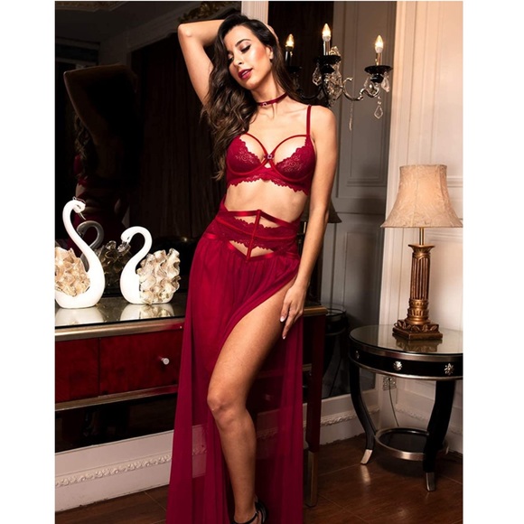 Deep Wine Red Lace 3-Piece Set Mesh Skirted Negligé Lingerie - Picture 4 of 7